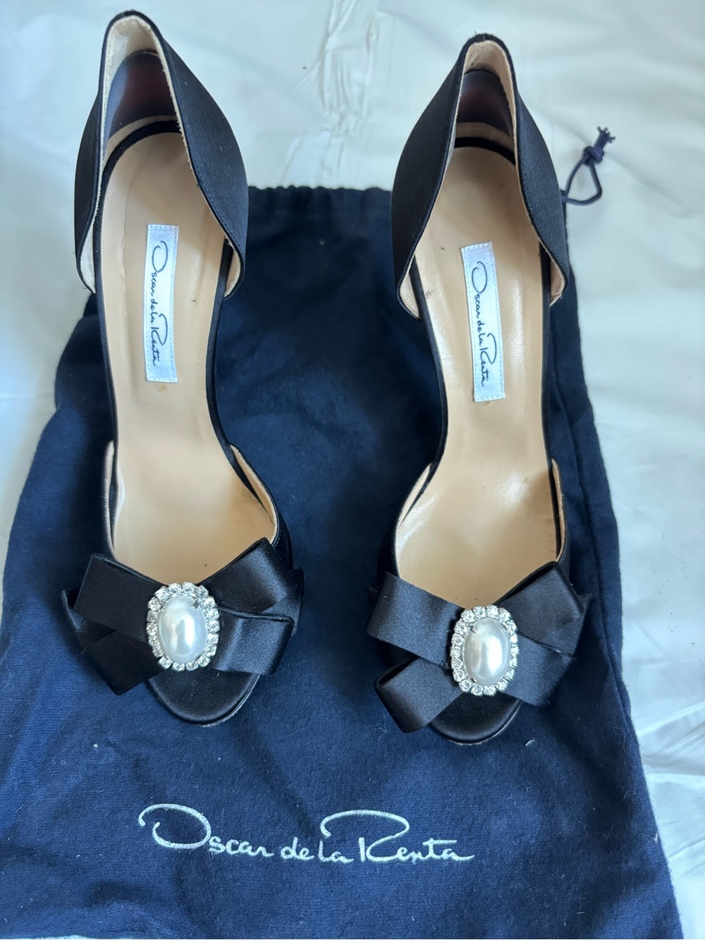 Oscar de la Renta Black Satin Peep-Toe Heels with Bow and Pearl Jewel